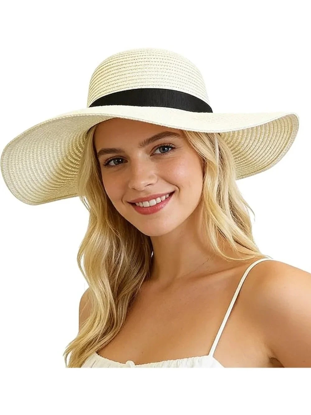 Wide Brim Straw Sun Hat for Women - UPF 50+ UV Protection, Foldable Beach Hat